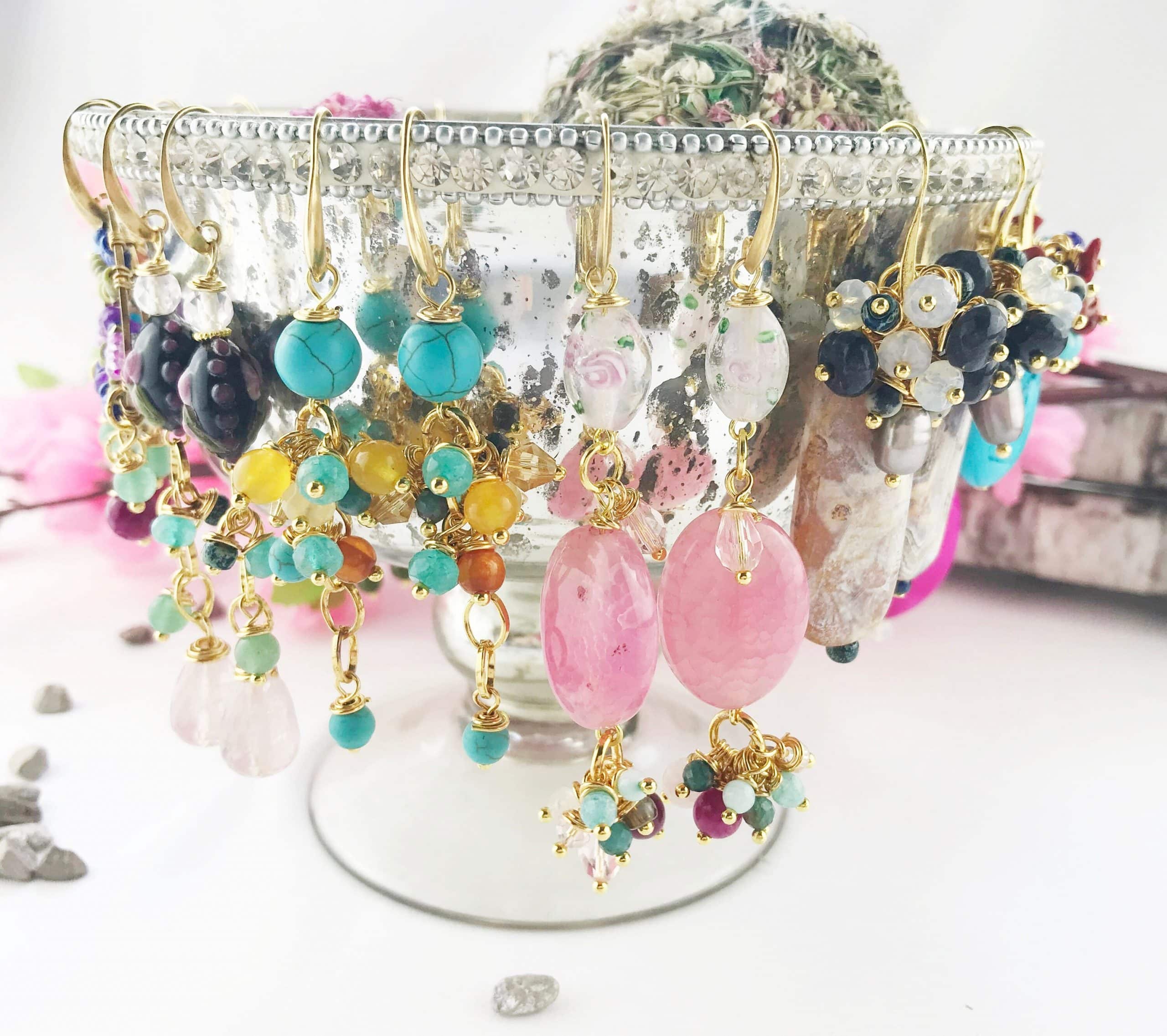 Romantic Earrings Gemstone Lucy | Pearl Earrings Semi-Precious Stone Rose Quartz Fire Agate | Gemstone Earrings | Semi-Precious Stone Earrings