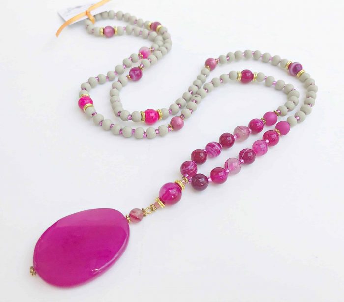 Perlenkette Mit Anhänger Pink Achat Holz