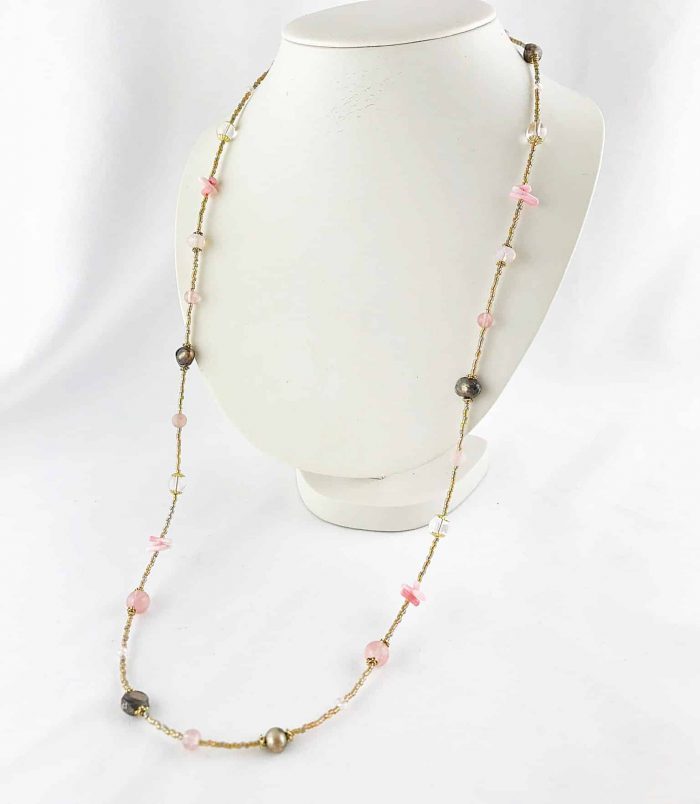 Filigrane Lange Perlenkette Mit Koralle &Amp; Süßwasserperlen
