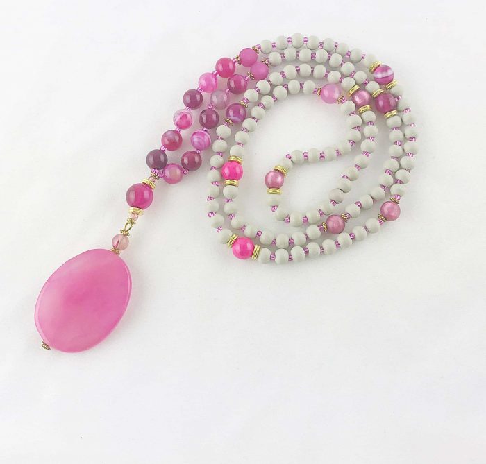 Perlenkette Mit Anhänger Pink Achat Holz