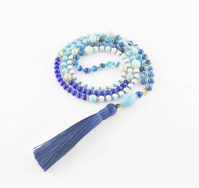 Boho Edelstein Perlenkette Mit Quaste | Blau Türkis Jade