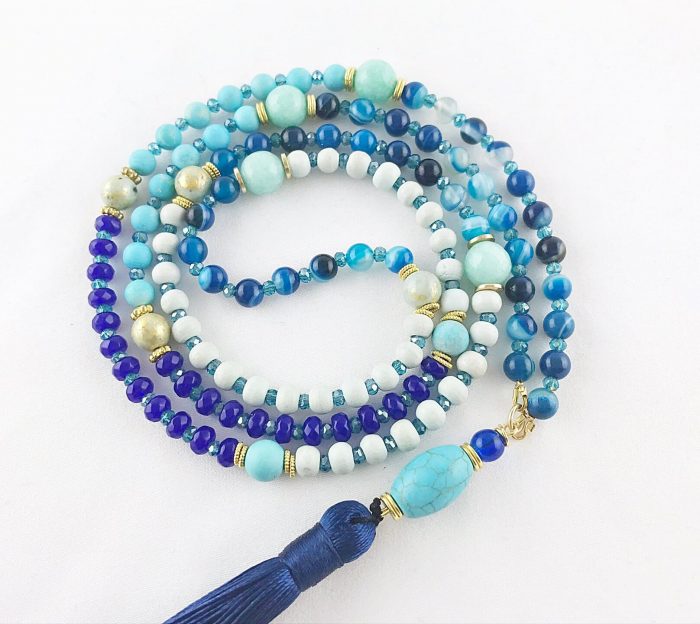 Boho Edelstein Perlenkette Mit Quaste | Blau Türkis Jade