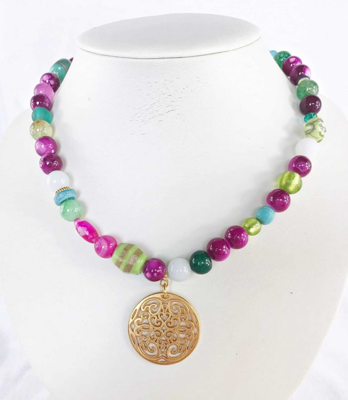 Bunte Edelstein Perlenkette Mit Mandala Anhänger