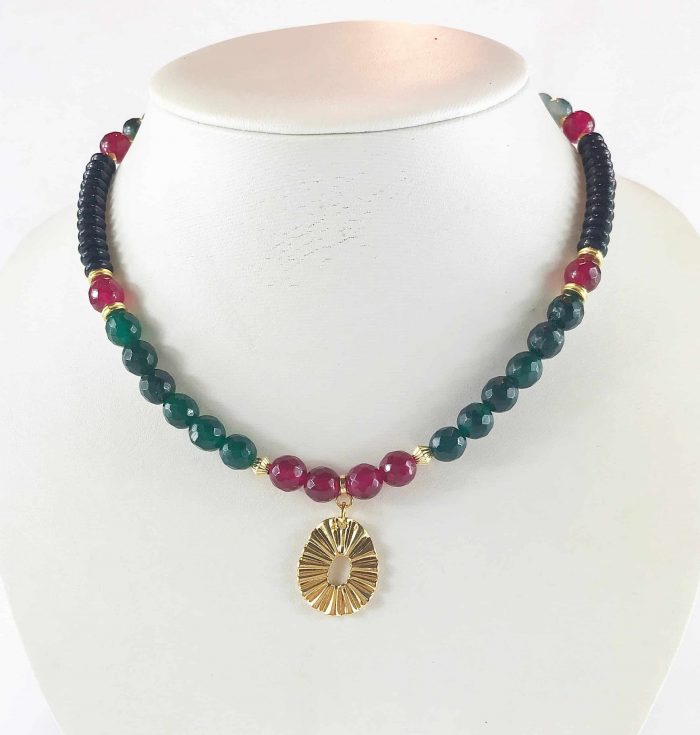 Boho Perlenkette Mit Anhänger | Jade Onyx Achat Gold -