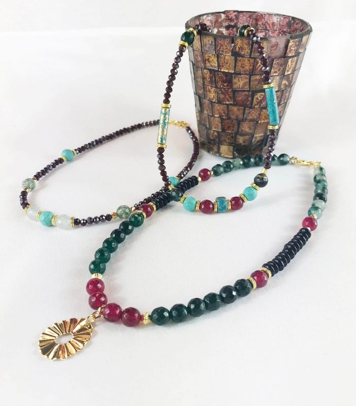 Boho Perlenkette Mit Anhänger | Jade Onyx Achat Gold -