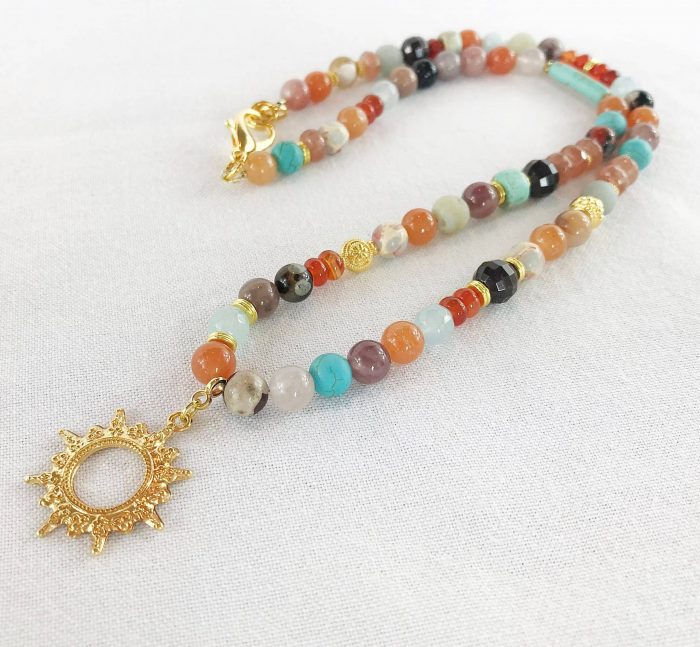 Perlenkette Mit Anhänger | Jaspis Karneol Rauchquarz Türkis Gold