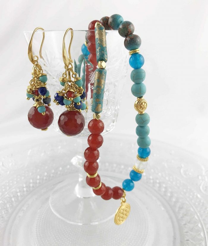 Perlenkette Mit Anhänger Türkis Karneol Gold -