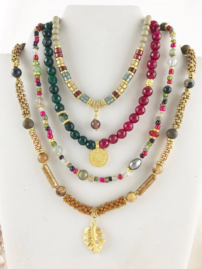 Boho Perlenkette Mit Süßwasserperlen Jade Rot Grün Bunt Gold -