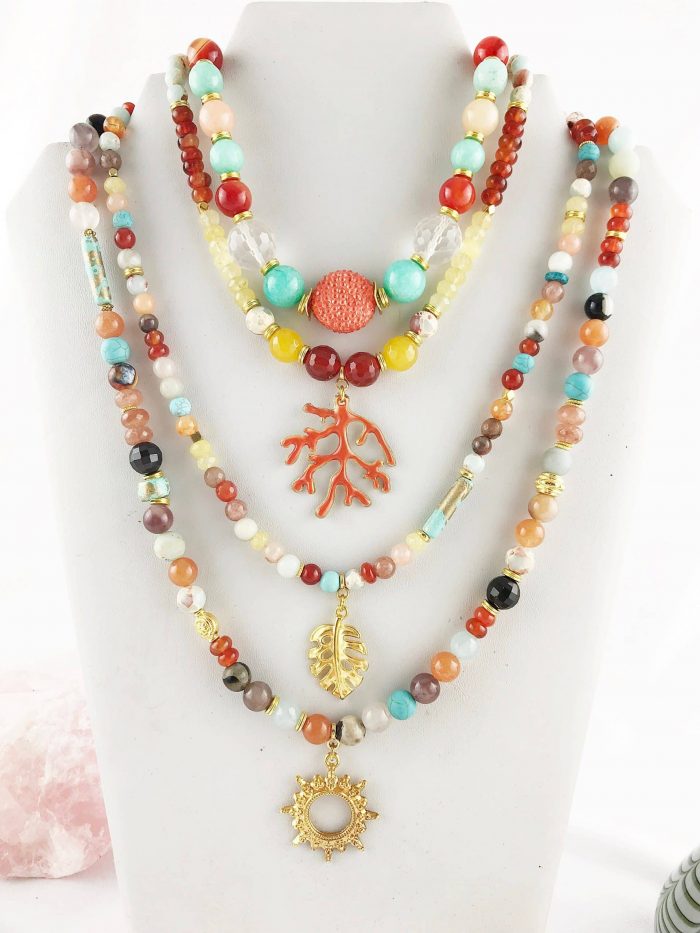 Perlenkette Mit Anhänger | Edelstein Jaspis Karneol Türkis Gold