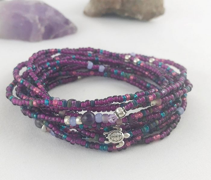 Schönes Wickelarmband Purple Turtle Silber Mit Rocailles - Perlen Und Amethyst -