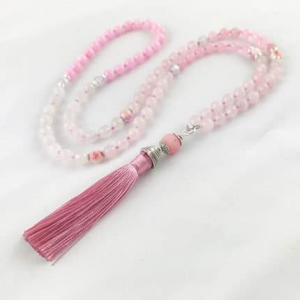 Halskette im Boho-Style - rosa/weiß mit Quasten - Stoffe für