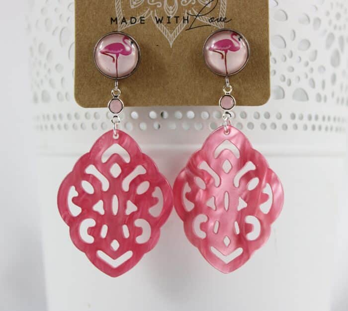Leuchtende Ohrringe In Schillerndem Pink Mit Flamingo Motiv -