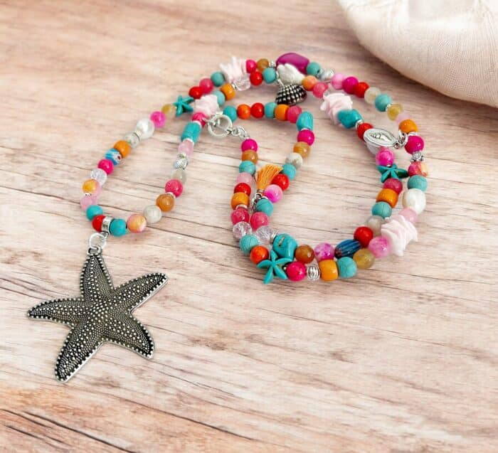 Bunte Perlenkette Summer Starfish Mit Edelsteinen Und Anhänger -