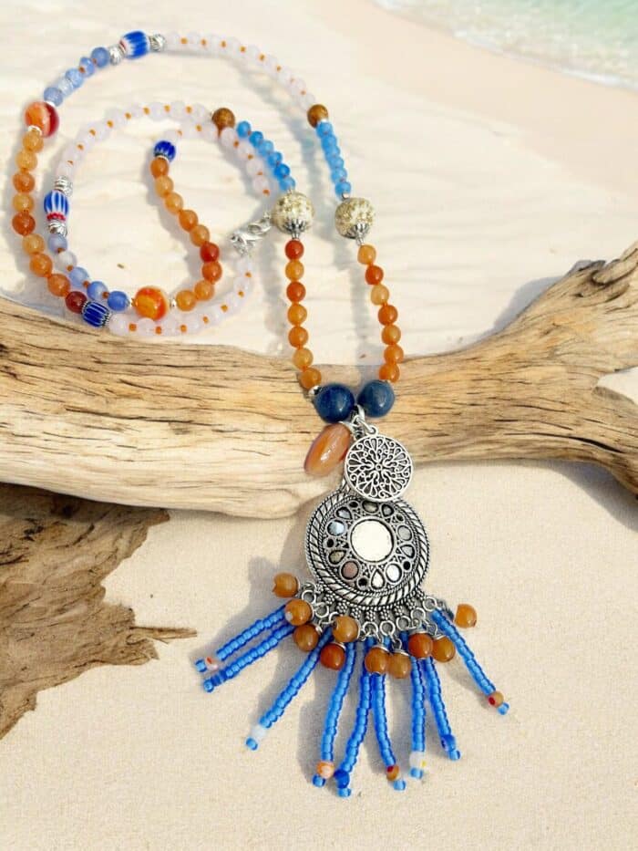 Lange Perlenkette Oriental Mood In Orange Und Blau Mit Edelsteinen Und Anhänger -