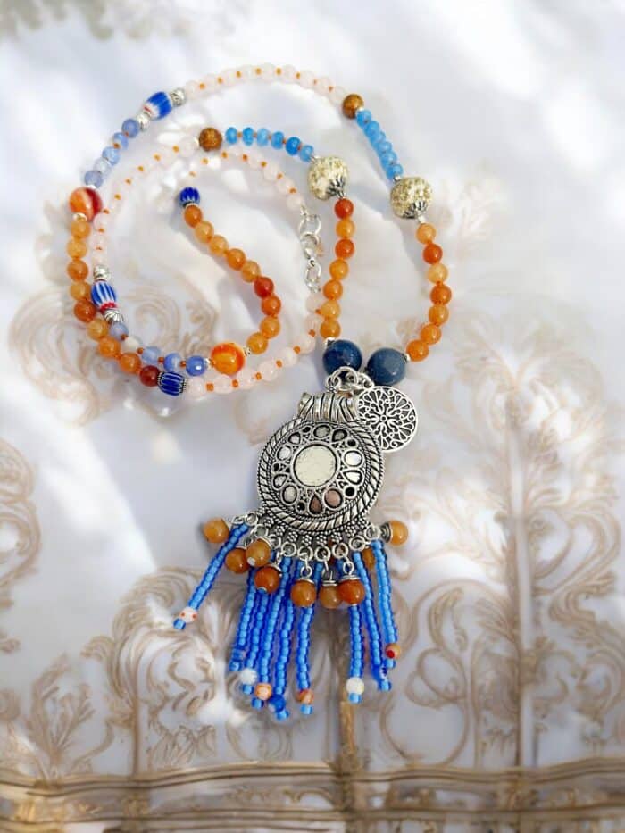 Lange Perlenkette Oriental Mood In Orange Und Blau Mit Edelsteinen Und Anhänger -