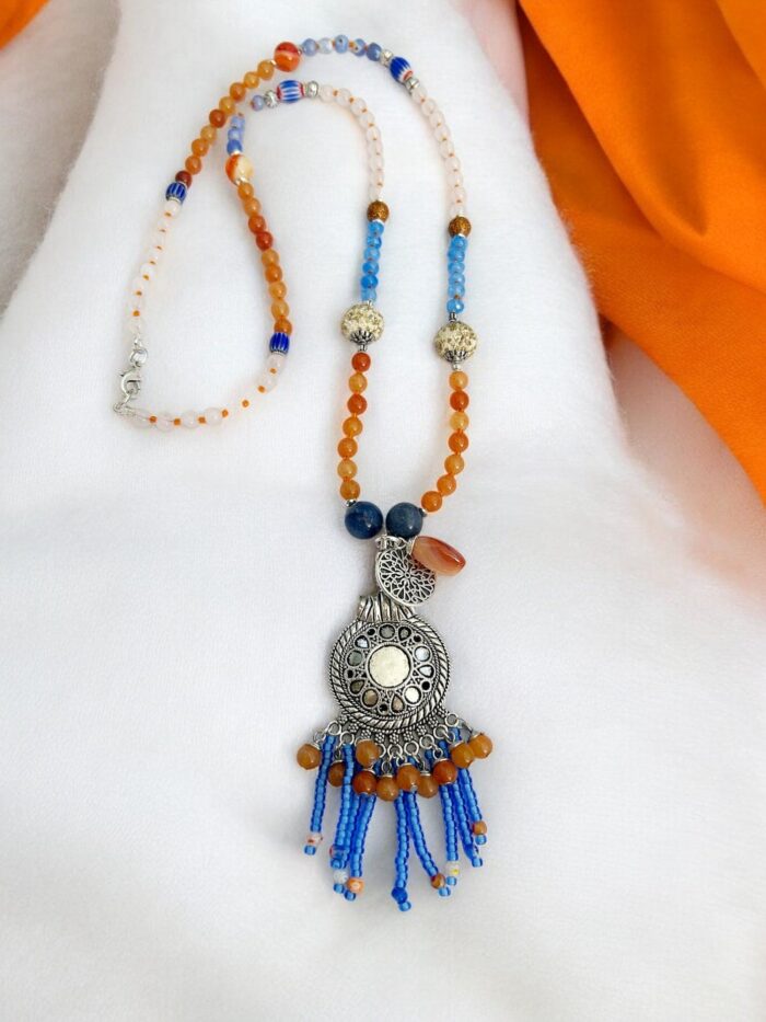 Lange Perlenkette Oriental Mood In Orange Und Blau Mit Edelsteinen Und Anhänger -