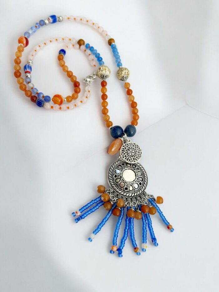 Lange Perlenkette Oriental Mood In Orange Und Blau Mit Edelsteinen Und Anhänger -